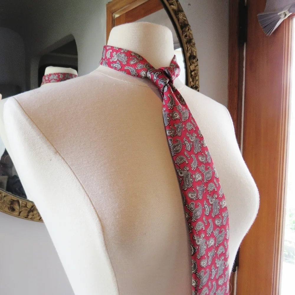 Vintage Pierre Balmain Paris Silk Red Gray Paisley Tie